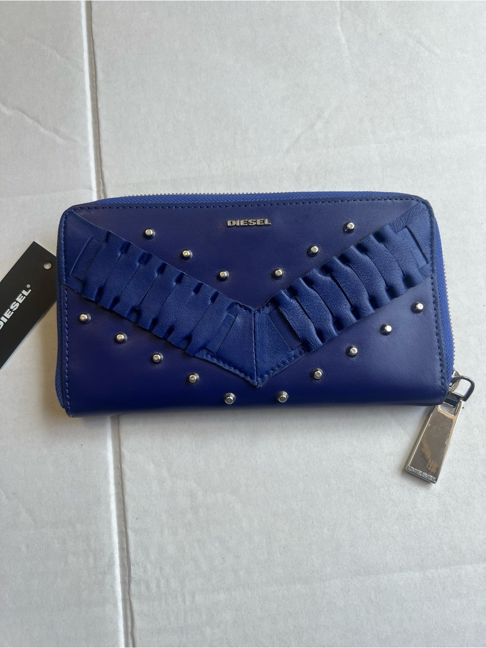 Diesel Royal Blue Zip-Around Wallet with Studs and Fringe Trim
